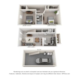  Floor Plan 2 Bedroom, 1.5BA Townhome with Drive Under Garage