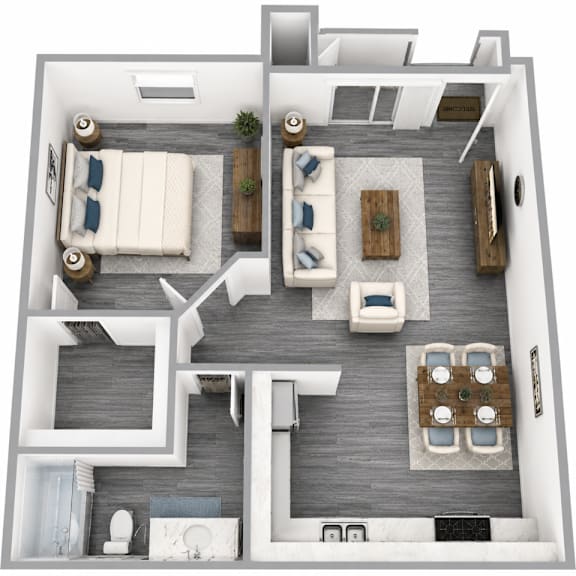 A 3D floor plan of a house with a kitchen, living room, and two bedrooms.