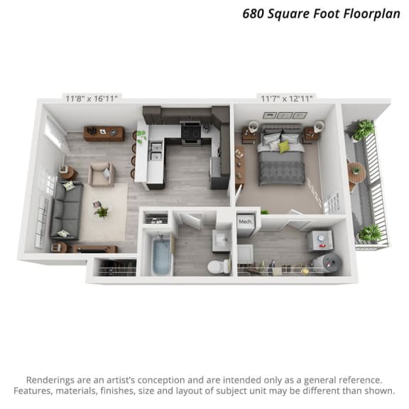 Artists 3D rendering of the 1 bedroom, 1 bathroom main level unit layout.