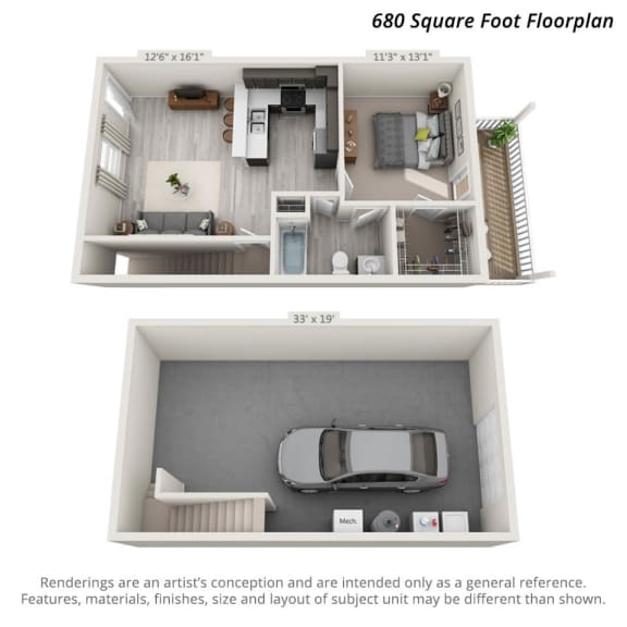 Artists 3D rendering of the 1 bedroom, 1 bathroom main level unit with garage ayout.