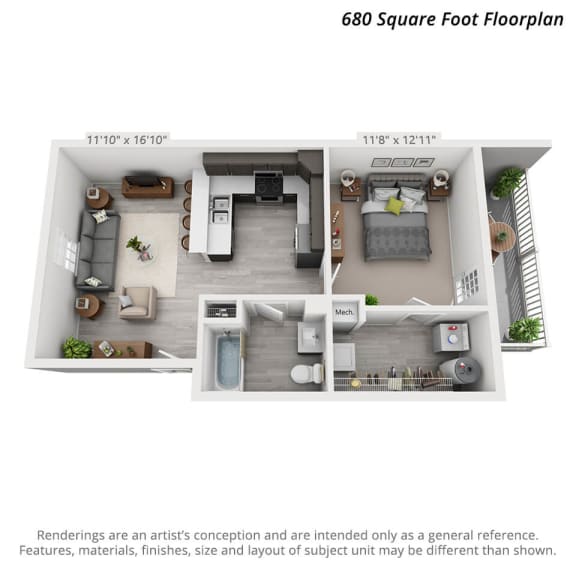 Floor Plan  Artists 3D rendering of the 1 bedroom, 1 bathroom 2nd level unit layout.