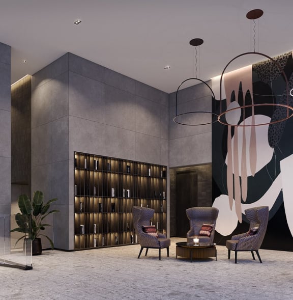 a rendering of a lobby with chairs and a chandelier