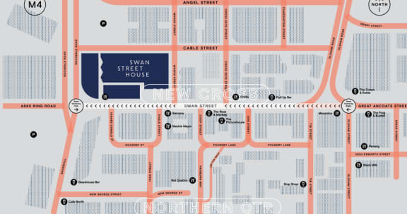 a screenshot of a street map with a red circle on it