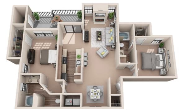 3d 2 bedroom floor plan | Lakeshore at Preston Apartments in Plano, TX