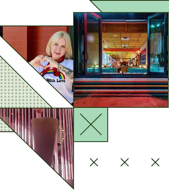 A collage of images including a person with a rainbow flag, a room with a red carpet, and a close-up of a glass.
