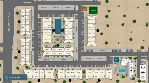 a site plan of an apartment complex with a parking lot and street layouts at Agave House Apartments, Casa Grande, 85122