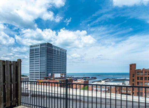 a balcony with a view of Lake Erie