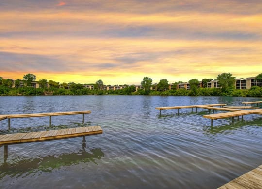 Private docks at The Waverly with sunset views of Lake Belleville
