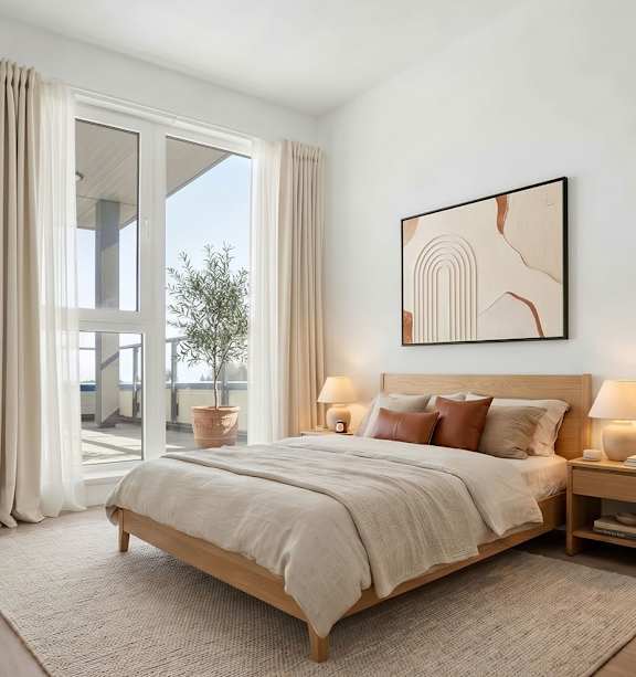 A bedroom with a large bed, a plant, and a painting on the wall.