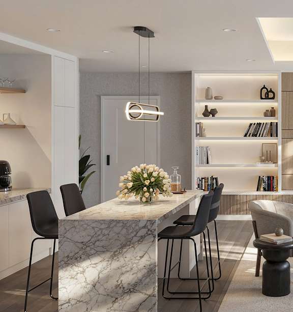 A modern kitchen with a marble countertop and black chairs. at Roxy Apartments, Hamilton, ON, L8H 0B7