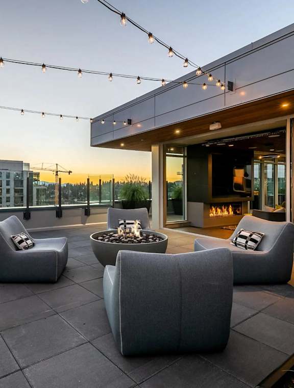 A modern outdoor seating area with grey couches and a fire pit.