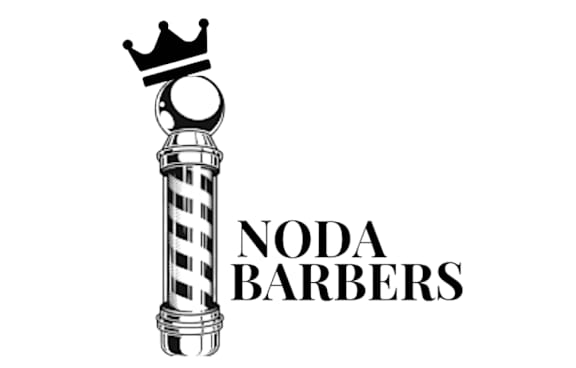 A black and white image of a barber pole with a crown on top and the words NODA BARBERS.