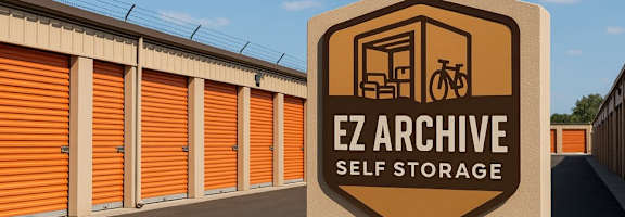 A sign for EZ Archive Self Storage stands in front of a row of orange storage units.
