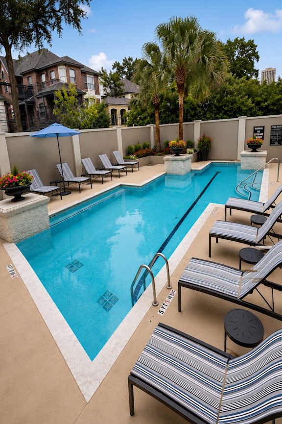 A pool with a striped lounge chair and a table.