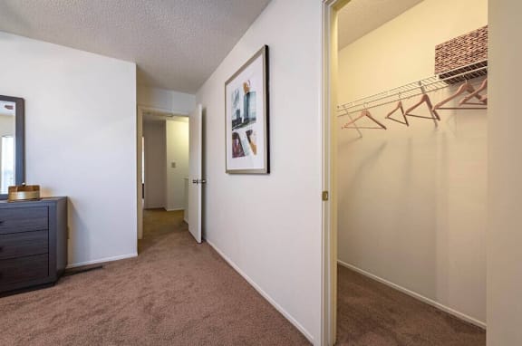 A hallway with a carpeted floor, a white wall, a framed picture, a wooden cabinet, and a mirror.