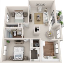 Meadowbrook 2B/1B 3D Floor Plan at Summerfield, Tigard, 97224