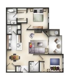 2 Bed 1.5 Bath Baker II Linden Floor plan at The Residences at the Manor Apartments, Frederick