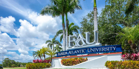 a sign for the eau de lbj aliantic university and palm trees