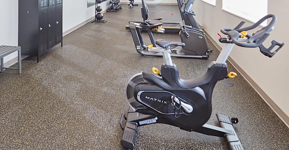 A gym with a row of stationary bikes and a bench.