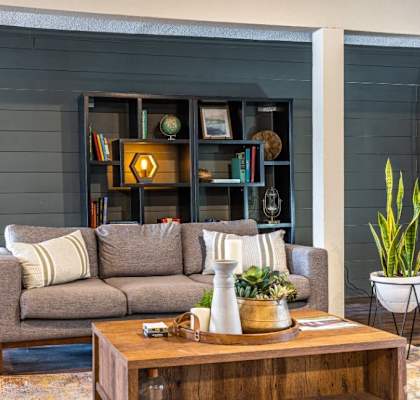 a living room with a couch and a coffee table