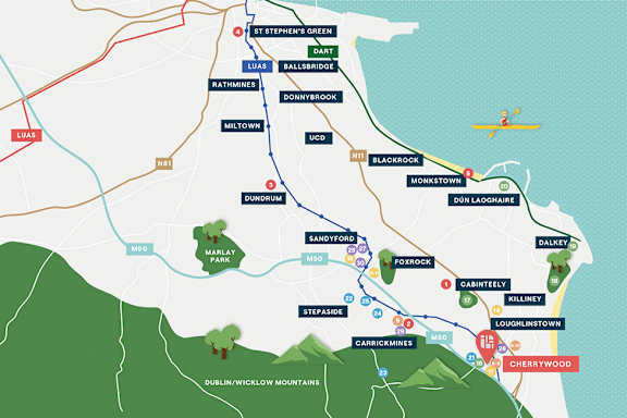 A map of a region with various locations marked, such as St Stephen's Green and Blackrock at Cherrywood Apartments, D18 VY3V, DUBLIN 18