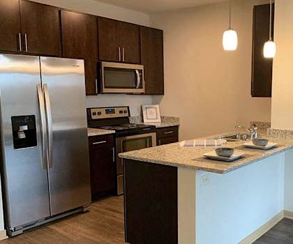 A large, modern kitchen with stainless steel appliances, bar counter with barstools, kitchen utensils, marble countertops with lots of room, two places set on the kitchen bar, and large wooden cabinets at Royster Commons Apartment Homes. 