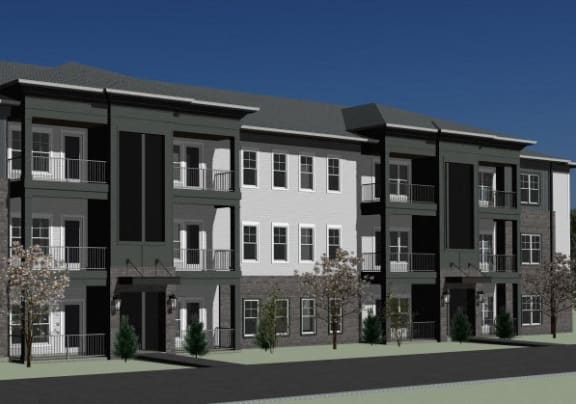 a rendering of an apartment building with trees in front of it