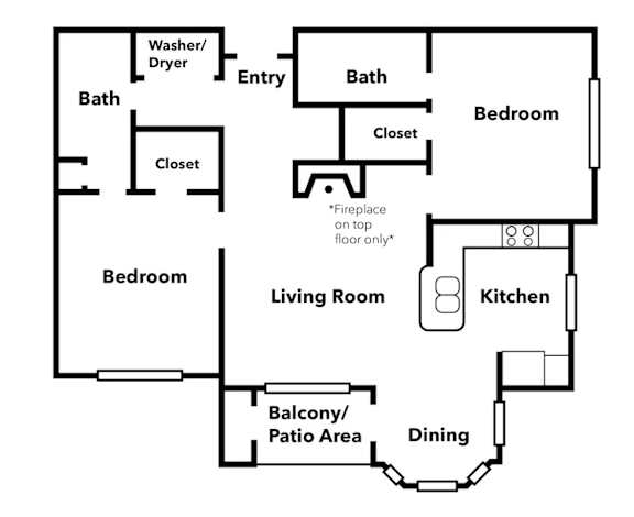 A floor plan of a house with a living room, two bedrooms, a kitchen, a dining area, and a balcony.