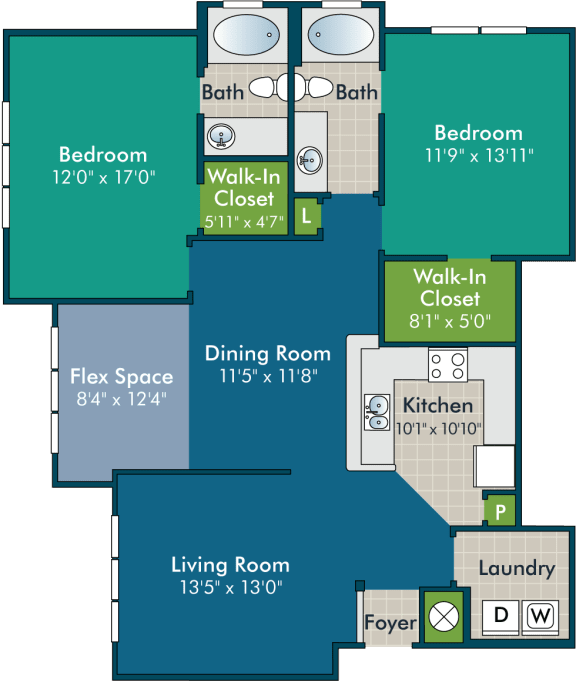 ForresterPH2_2BR2BA Floor Plan at Abberly Green Apartment Homes by HHHunt, Mooresville, 28117