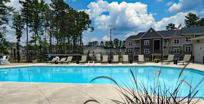 A swimming pool surrounded by trees and a building in the background.
