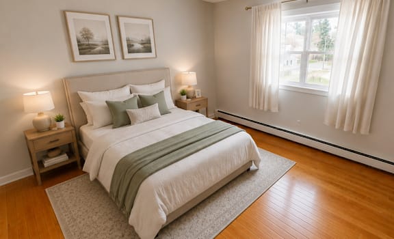 A bedroom with a large bed and two nightstands with lamps.