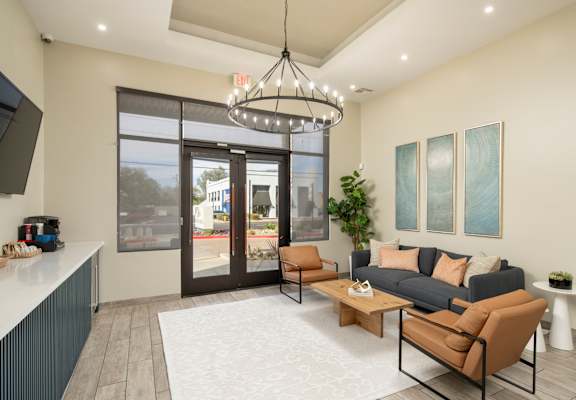 A modern living room with a grey couch, a brown chair, and a white rug.