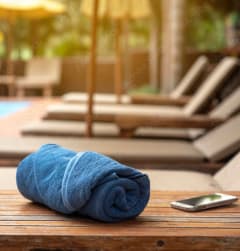 a towel on a table next to a swimming pool