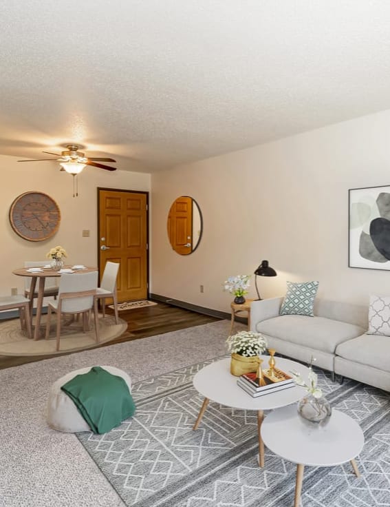 a living room with a couch and a table