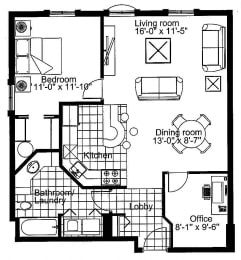 Floor Plan  One bedroom plus den, one bathroom apartment layout at Heritage Lofts I&II in Gatineau, QC