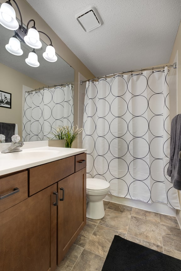 a bathroom with a shower and a sink and a toilet  at Regency Woods, Minnetonka, Minnesota