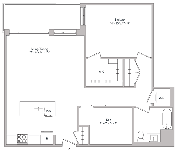 Floor Plan  spacious one bed, built in walk in closet, private balcony, gourmet kitchen