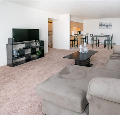 a living room with a large couch and a tv