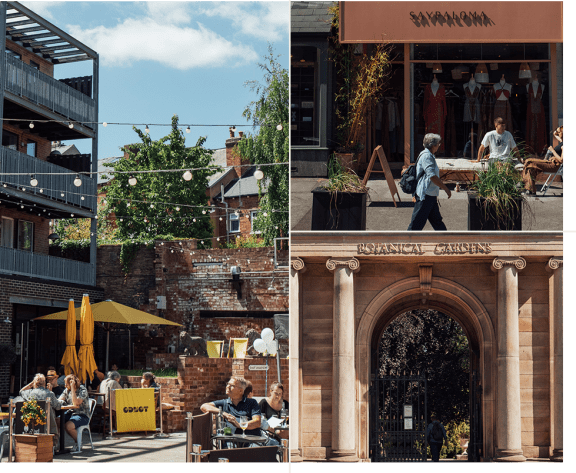 a collage of photos of a restaurant and a building