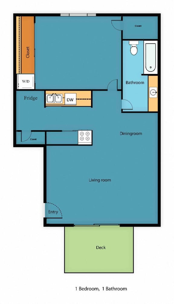 1 Bedroom, 1 Bathroom Floor Plan at Pinewood Square Apartment Homes, Lynnwood, Washington
