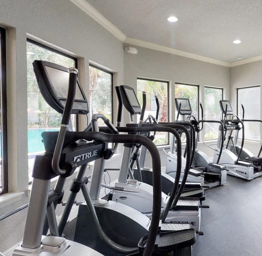a gym with cardio equipment and a pool in the background
