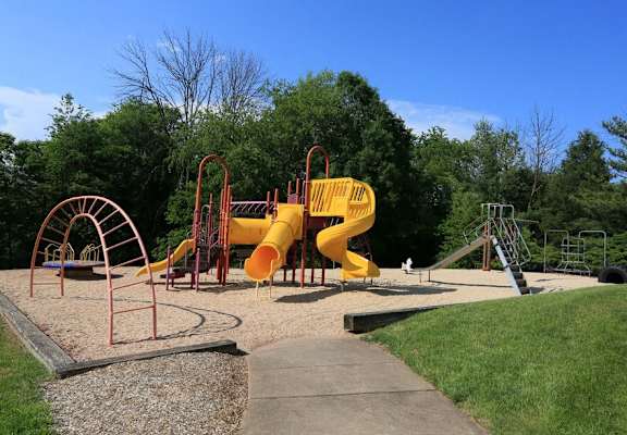 a playground with a yellow slide and other playground equipment