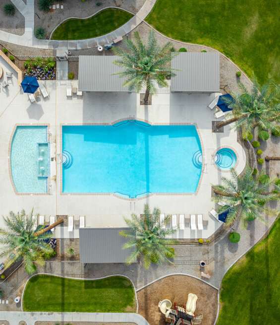 A large swimming pool surrounded by palm trees and a patio area with a fire pit.