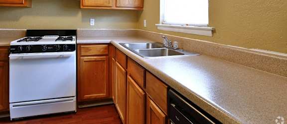 a kitchen with a stove and a sink