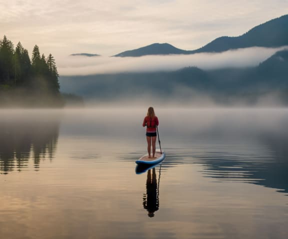 a woman standing on a paddle board on a lake with mountains in the background