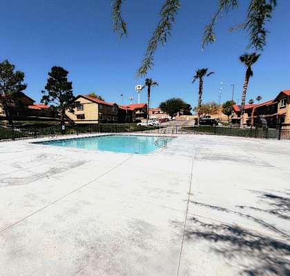 A pool surrounded by a fence and palm trees.