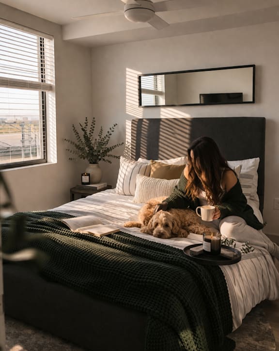 A woman is sitting on a bed with a dog, holding a cup, and a tray with a cup on it.