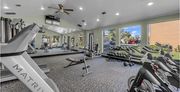 A gym with a variety of equipment including treadmills, stationary bikes, and a rowing machine.
