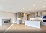 Thumbnail 6 of 9 - A modern kitchen with a fireplace and wooden floors.