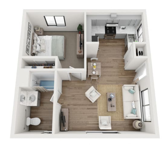 Floor Plan  A floor plan of a 1 bed 1 bath staged virtually with furniture.at The Lakes Apartments, Moses Lake
